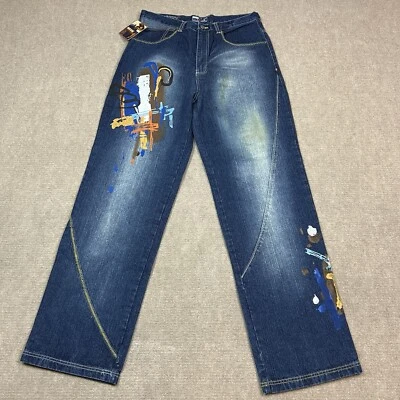 Jeans de mezclilla bordados holgados azules crudos vintage Y2K para hombre 34x34 pierna ancha sueltos JNCO Foto 1 de 4