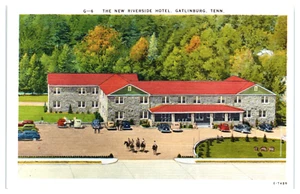 Vintage Leinen Postkarte Arial Blick auf das Riverside Hotel Gatlinburg TN Tenn. UNP - Bild 1 von 2