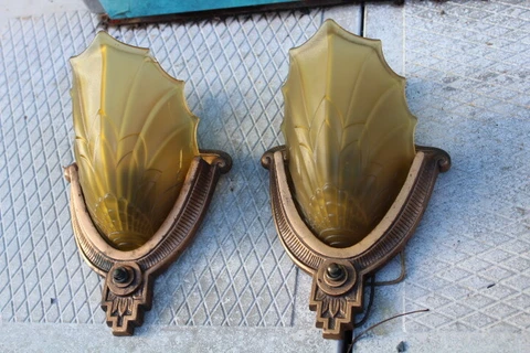 Antique Pair Art Deco Slip Shade Wall Sconce Glass Shade Theater Light Fixture Cover