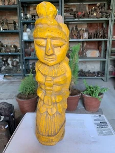 Antique Handcrafted Wooden Indian Man Figurine Yellow Painted Decorative Statue - Picture 1 of 11