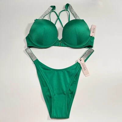 Conjunto de biquíni Victoria Secret 34DD M Bombshell push up parte superior parte inferior alça brilhante verde - Imagem 1 de 4