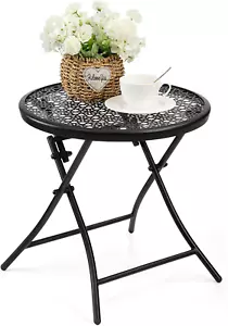 Folding Outdoor Side Table anti Rust Patio Table round Metal Flower Cutout Black - Picture 1 of 8