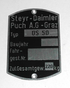 Original Steyr-Daimler-Puch A.G Graz Nameplate DS 50 Chassis Frame - Picture 1 of 10