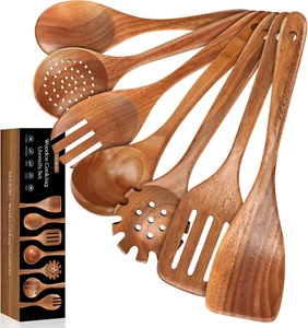 7 PCS Wooden Spoons for Cooking Natural Teak Kitchen Utensils Smooth Non-Stick S - Picture 1 of 7