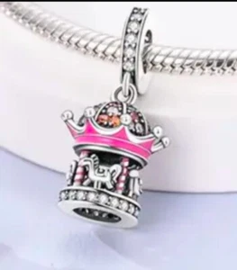 Sterling Silber KARUSSELL Anhänger schöne Details in rosa Emaille - Bild 1 von 5