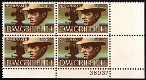 US Stamp Scott # 1555 Plate Block Mint NH - 10 Cents D.W. Griffith Moviemaker - Picture 1 of 1