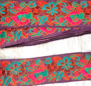 1m 6.5cm plum multicolour indian arabic flower braid lace wedding sari saree - Picture 1 of 1