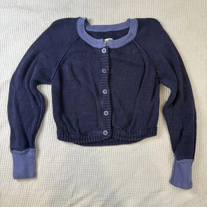 We The Free Sweater Womens Medium Blue Button Front Cropped Cardigan Knit Linen - Picture 1 of 10