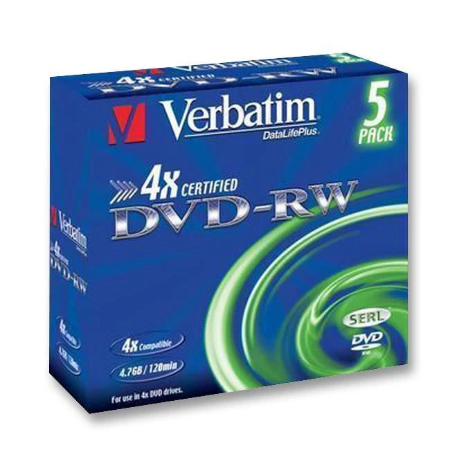 VERBATIM - 4x Speed DVD-RW Matt Silver Blank DVDs - 5 Pack Jewel Case - Image 1 of 1