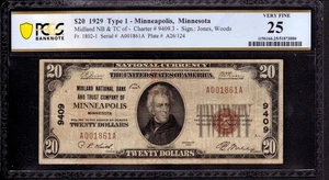 1929 $20 MIDLAND NATIONAL BANK NOTE CURRENCY MINNEAPOLIS MINNESOTA PCGS B VF 25 - Picture 1 of 2