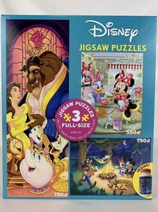 Disney Mickey Minnie Beauty and The Beast Jigsaw Puzzle 3 in 1 Pack Glue - Picture 1 of 5