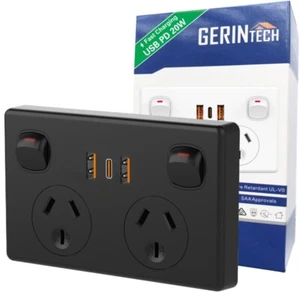 Gerintech Power Point with USB C PD 20W, Double Powerpoint Power Outlet, Black - Picture 1 of 10