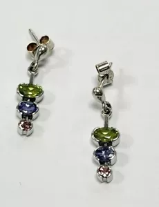 9ct Oro Blanco Peridoto Tanzanita & Turmalina Rosa Pendientes - Imagen 1 de 1
