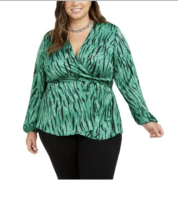 INC 女式衬衫翡翠跑步裹身上衣动物印花绿色黑色加大码 1X — 第 1/4 张图片