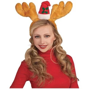 DELUXE PLUSH REINDEER ANTLERS HEADBAND w/ SANTA HAT HOLIDAY COSTUME ACCESSORY - Picture 1 of 1