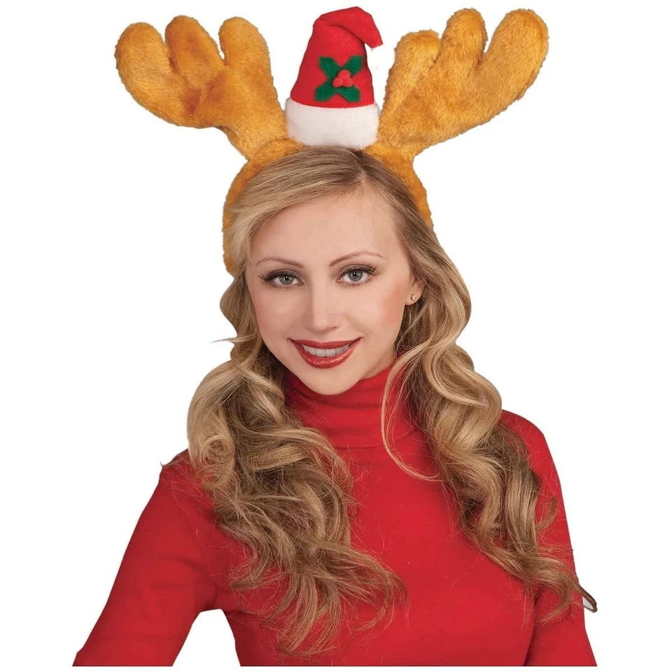 DELUXE PLUSH REINDEER ANTLERS HEADBAND w/ SANTA HAT HOLIDAY COSTUME ACCESSORY - Image 1 of 1