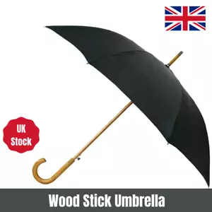 Black Windproof Walking Umbrella Mens and Ladies Automatic Wood Handle Brolly - Picture 1 of 7