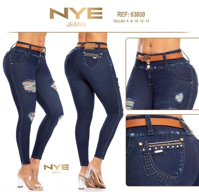 NYE JEANS COLOMBIANOS COLOMBIANOS PUSH UP AZUL LEVANTA COLA ELEVACIÓN DE GLÚTEOS BBL TALLA 3 - Imagen 1 de 3