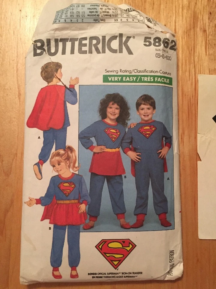 Butterick 5862 Childs Superman Supergirl costume sewing pattern very easy 5 6 6x - Image 1 of 2