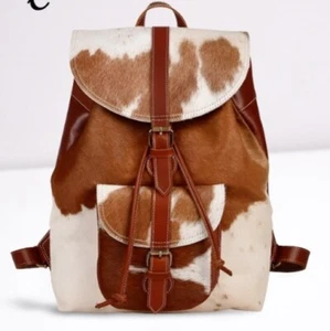 Drawstring Closure Girls Boys Cowhide Backpack Buckle Opening Hair On Rucksack - Picture 1 of 3