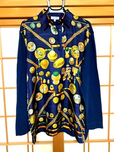 Hermes Knit Shirt Blouse Woman Blue Gold Multicolor Long sleeve Silk Cotton Wool - Picture 1 of 16