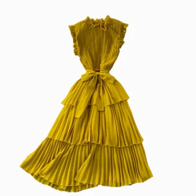 Lady Chiffon Pleated Tiered Dress Ruffle Layered Sleeveless V Neck Elegant Retro - Image 1 of 4