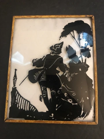 Vintage Romantic Courting Couple Convex Glass Silhouette Man Woman Wall Art Cover
