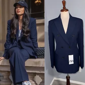 Zara Bloggers Fav Navy Blue Tailored Double Breasted Lapel Collar Blazer Zs S - Picture 1 of 13