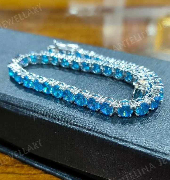 Brazalete Tenis 8 CT Corte Redondo Topacio Azul Londres Acabado Oro Blanco 14k Regalo Tachuelas Foto 1 de 4