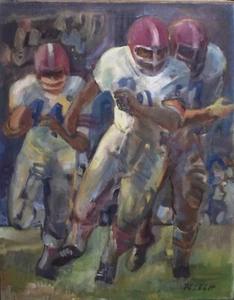 Pelech Original Signed Vintage Oil -American Football Athletes/Game Scene - Picture 1 of 8