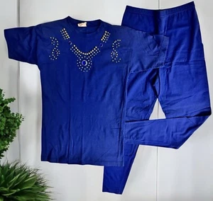 VTG Set Of 2 Piece Blouse/Pants Women's Blue Short Sleeves Beading Embellished - Picture 1 of 9
