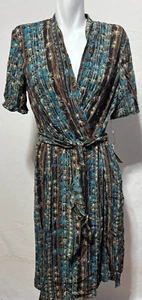 Anne Klein Women 12 Silk Dress Blue Multicolor Faux Wrap Belt Below Knee New NWT - Picture 1 of 9