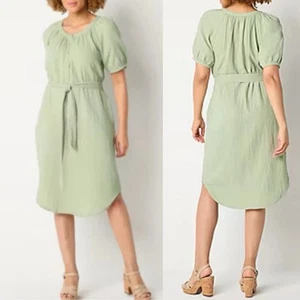 Abito camicia midi ANA verde salvia garzato L 100% cotone mussola boho stropicciato donna - Foto 1 di 13