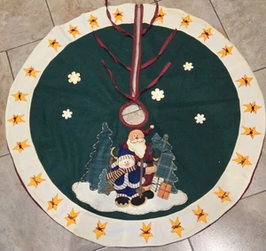 Christmas Tree Skirt-3D Santa Claus Design with Rustic Buttons & Stars-48in Dia - Picture 1 of 6