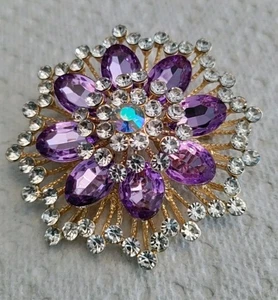 Purple & Clear Gold Tone Flower Brooch 2.5" Diameter - Picture 1 of 3