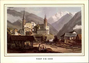 Tarjeta de artista Suiza VISP año 1850 con grupo mixto montañas suizas color - Imagen 1 de 2
