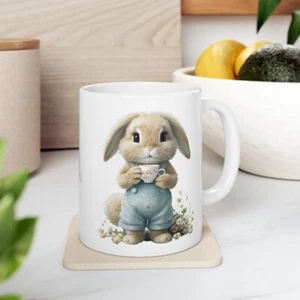 Cute Bunny Holding Cup Ceramic Mug, Cute Rabbit Coffee Cup, Easter Spring Gift - Picture 1 of 1