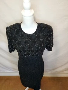 Vintage Laurence Kazar Womens Black Cocktail Beaded Dress Size M - Picture 1 of 11