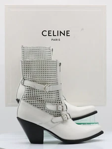 CELINE BERLIN PERFORATED WOMENS ZIP ANKLE BOOT UK7 WHITE LEATHER RRP £1095 JA - Picture 1 of 9