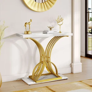 Modern Gold Console Table 39" Entryway Table with White Faux Marble Living Room - Picture 1 of 8