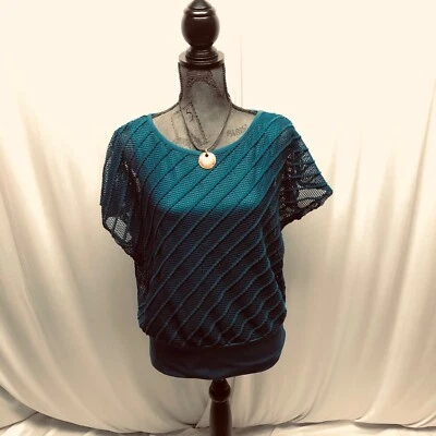 AB Studio Teal Mesh Overlay Attached Solid Tank Top Womens Sz Small Short Sleeve - Image 1 of 4
