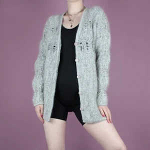 VINTAGE 90s Grey Laddered Cobweb Grunge Womens Mohair Cardigan Jumper S 8 10 - Picture 1 of 11