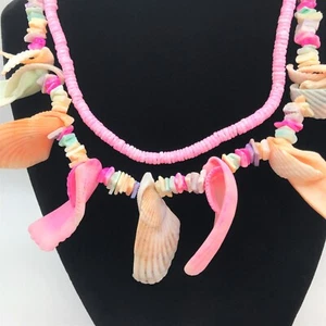 2 Necklace Lot Pink Multi Color Shell Chips Heishi Chunky Beach Surfer Retro - Picture 1 of 9