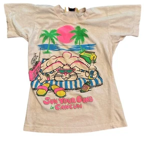 Vintage 80s Sun Your Buns Bunny T-shirt Cancun Baby Tee XS Neon Single stitch - Picture 1 of 6