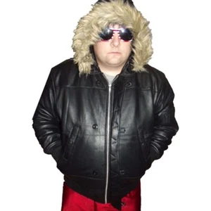 Mens Puffy Leather Jacket Hooded Black Fur Trim Size S - Picture 1 of 6
