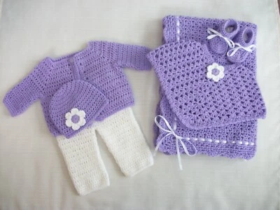 Crochet Baby Set - Blanket Sweater Poncho Pants Hat Booties 0-3m Handmade Gift - Image 1 of 4