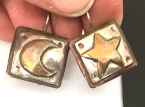 Earrings MARKED CINDY BOLIN 25 STERLING SILVER Pierced Dangle Moon Star & Copper - Picture 1 of 4