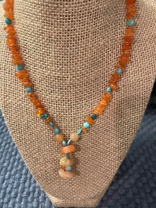 Vintage Orange Citrine Chip Turqoise necklace Sterling Silver clasp southwestern - Picture 1 of 4