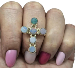 Opal Cross Ring, Size 9, Six Stone Ring, Sterling Silver, Aura Gem, Psychic Gem - Picture 1 of 10