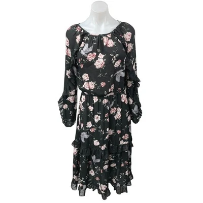 H&M Black Floral Print Ruffle Long Sleeve Tiered Midi Blouson A-Line Dress 2 - Image 1 of 4